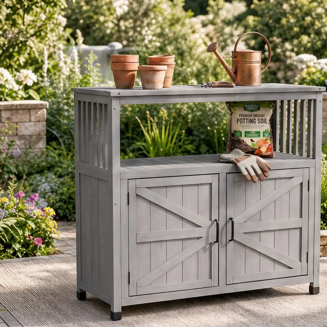 ARCH Solid Wood Patio Bar Table Set - 18"W x 42"D x 37"H Grey Dual-Function Furniture-Style Display Storage Cabinet, Outdoor Buffet Sideboard Console for Patio Deck, Multi-Purpose Serving Station TV Stand, Display Storage Cabinet Bar Cabinets, Dual-Functi