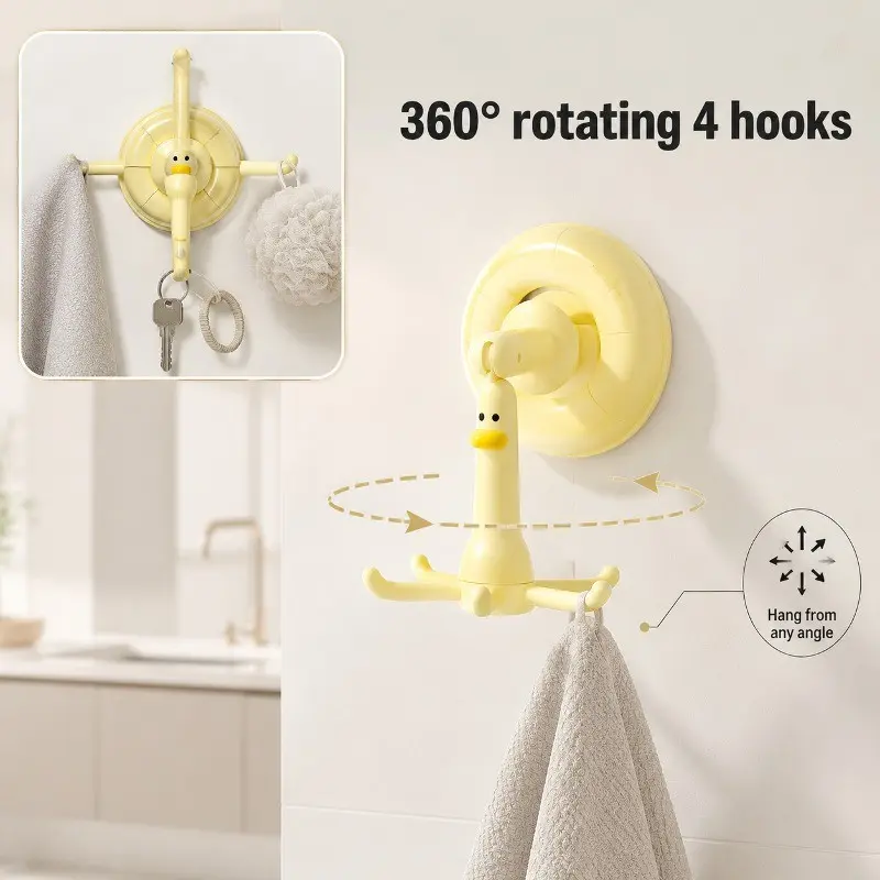 / Adhesive Duck Hook, 360° Rotating 4-Piece Strong Vacuum Mount, Waterproof Cartoon Duck Organizer for Bathroom, Kitchen, Towels, Hats, Keys