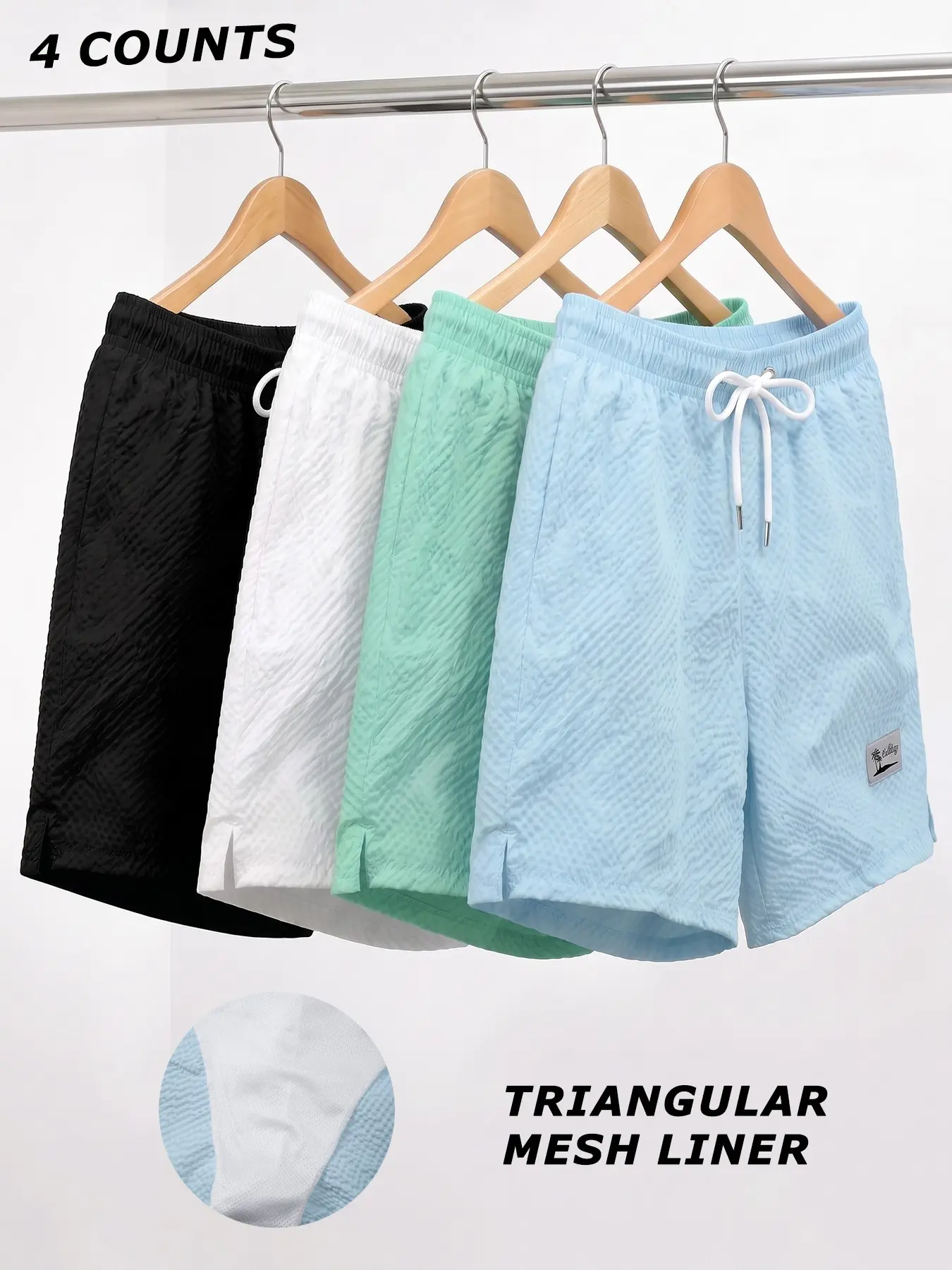 4 Piece Set Men's Seersucker Beach Shorts with Triangular Mesh Lining, Summer Casual Board Shorts with 2 Side Pockets and 1 Back Pocket, Quick Dry Breathable Swim Shorts Swim Trunks, Drawstring Elastic Waistband Swimwear Beachwear Swimsuit Bathing Suit