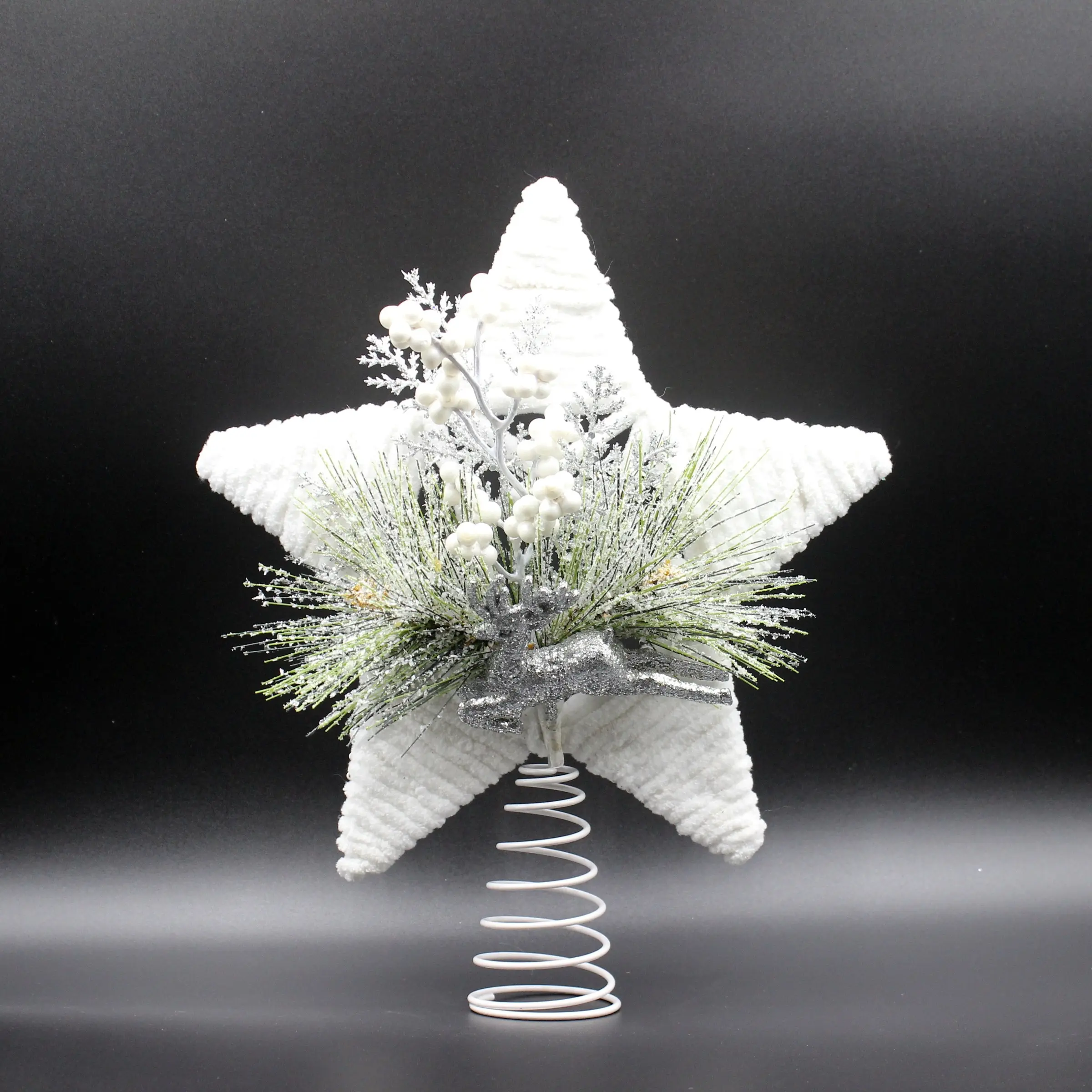 31cm Large Christmas Tree Topper Star Decoration, Metal Stand and Thick Wire, Artificial Pine Needles, Berries, Deer Statue, Perfect Holiday Decor