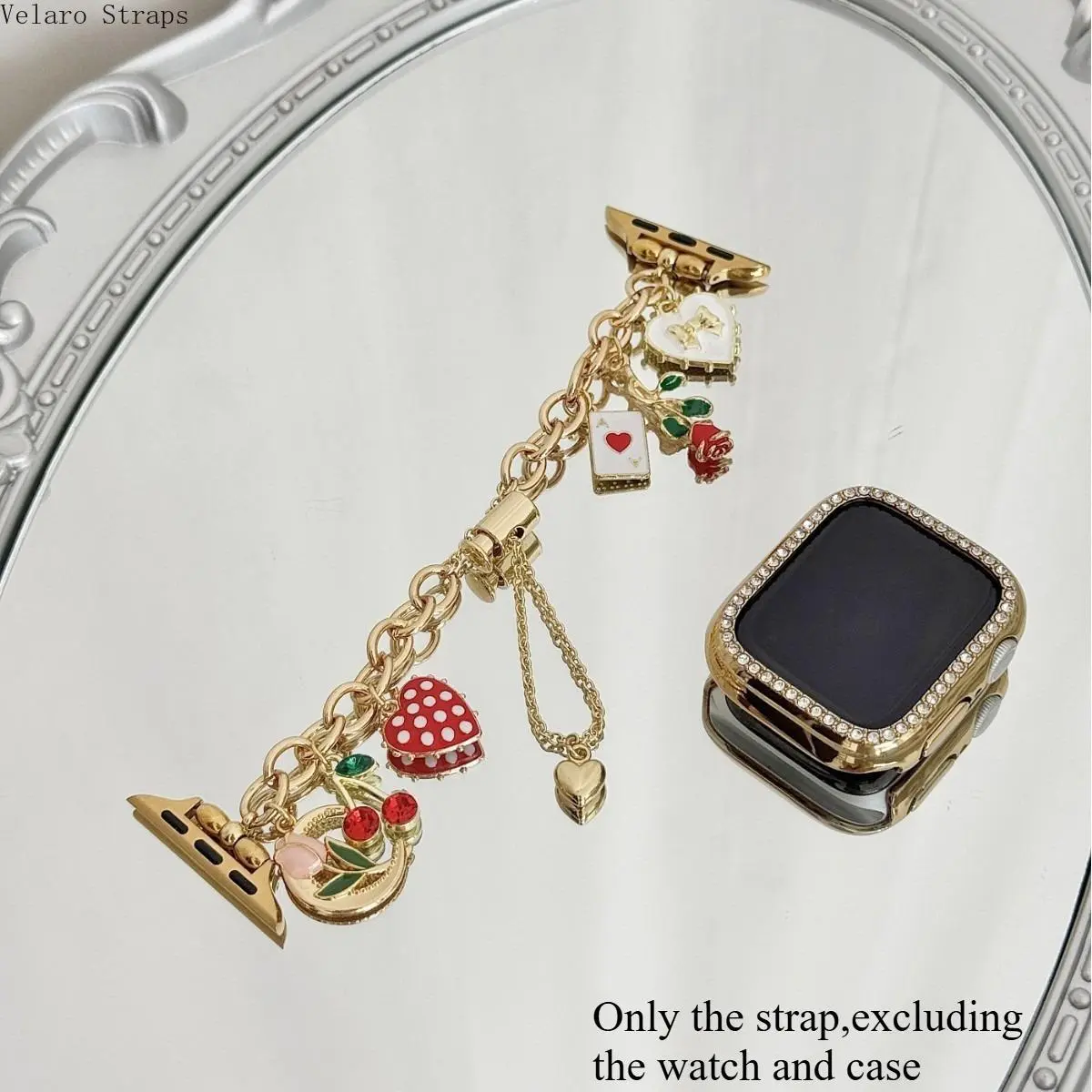 Gold-Tone Metal Charm Watch Band for Women, Whimsical Chain Strap with Cherry & Polka Dot Heart Pendants, Adjustable for 38mm-49mm, Card, Wearable, Alloy
