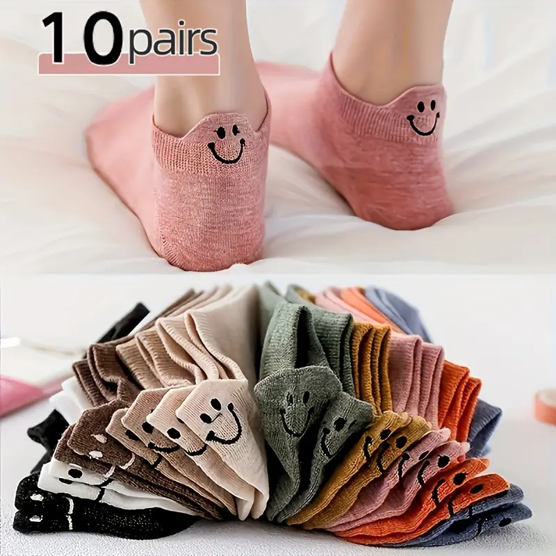 10pcs / 20pcs Cute Face Ankle  for Women - Soft & Comfortable Low-Cut Design, Smiling Face Pattern, Cute  Womenswear socks Pastel Flower Compression Oversized Stretchy Thigh High