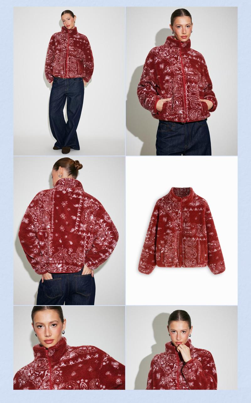 Cider Fleece Stand Collar Paisley Print Oversized Jacket