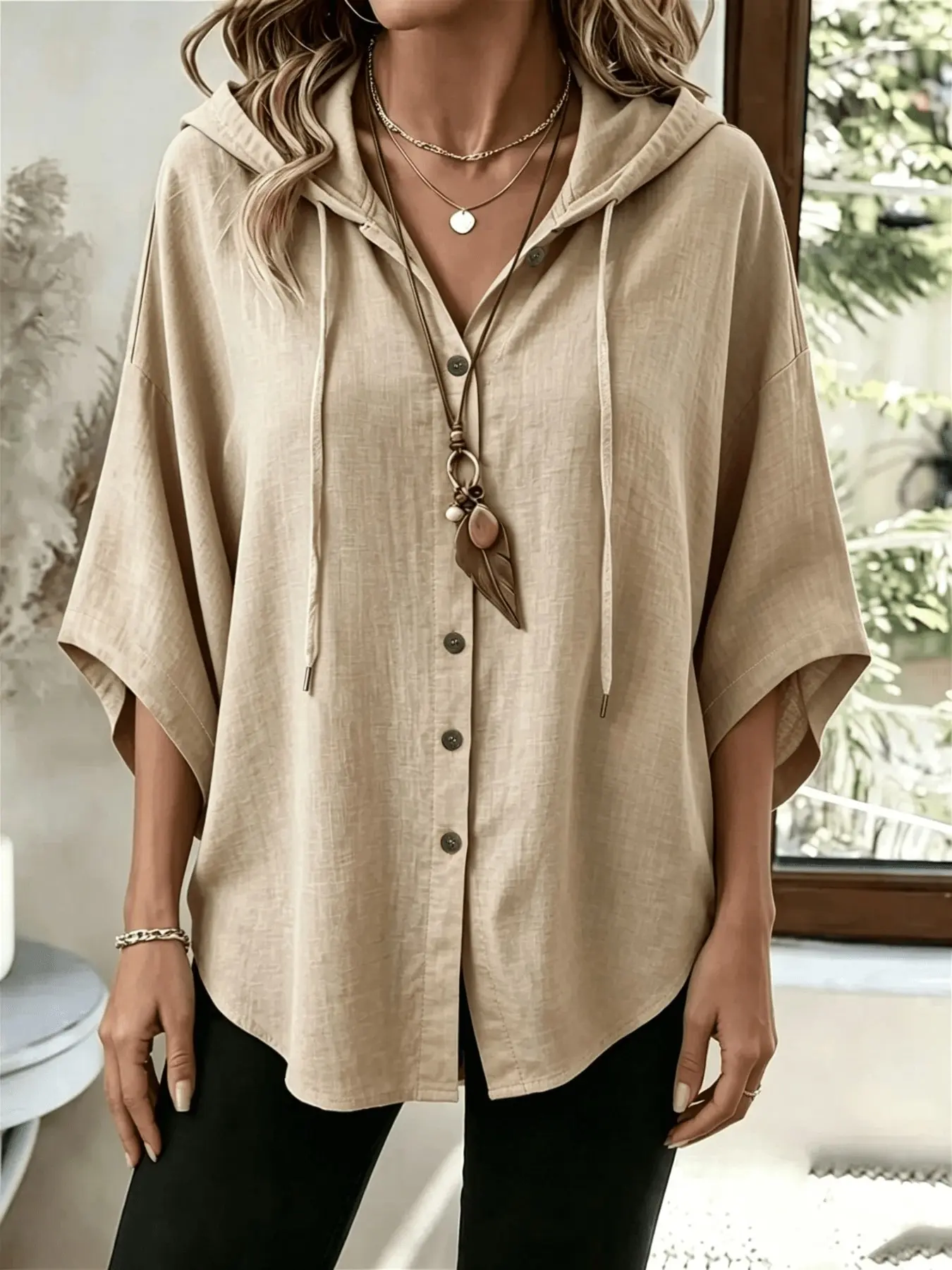 French Hooded Shirt for Women, Loose Batwing Sleeve Casual Blouse Top, Lazy Style Solid Color Vacation Coat, Button, Comfortable and Stylish