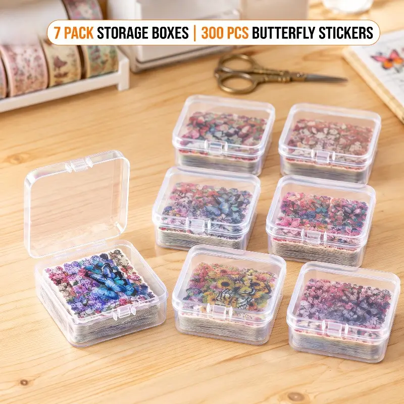 7 Pack Mini Clear Plastic Storage Boxes with 300Pcs Butterfly Floral Stickers, Aesthetic Scrapbook Decorative Sticker Set for Junk Journal, Diary, Planner, Card Making & DIY Crafts