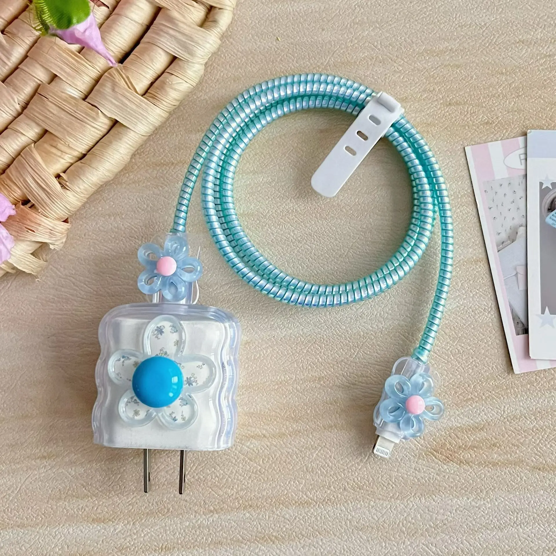 Colorful Pastel 3D Flower Charger Protection Set, Sweet Minimalist Gift for Teen Girls, Cute iPhone Accessories, Easy Install Cable Protector, Adorable Accessories