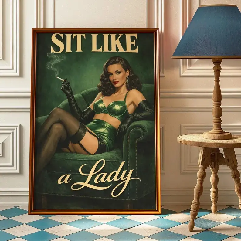 Artistic 1-Piece Canvas Print - Vintage Feminist "Sit Like a Lady" Empowered Woman Painting for Bedroom, Home Decor Poster