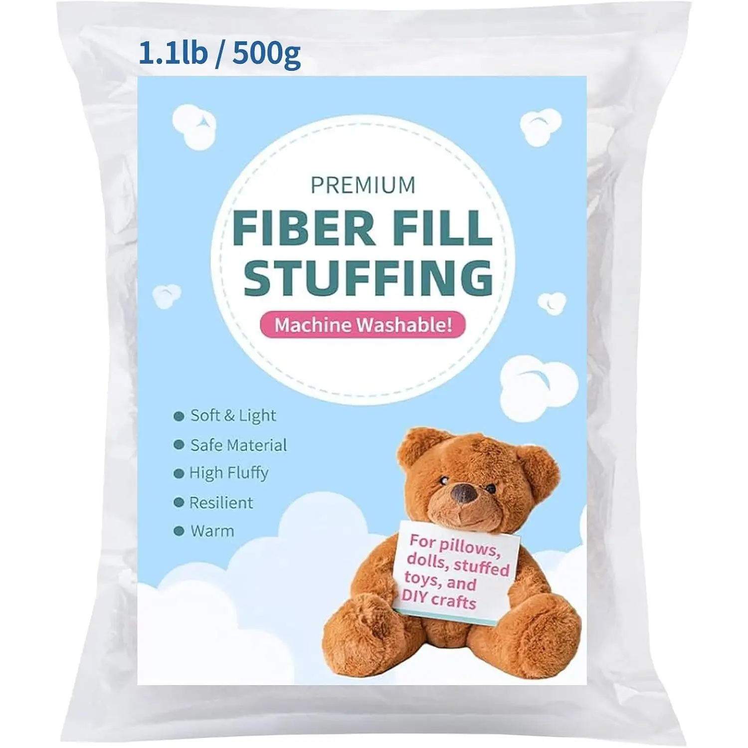 Fiberfill Stuffing for Crochet Animals, Crafts, Cushion and Clouds, Premium Quality Fiber Fill Pillow Stuffing Machine Washable Ployester. 500g/1.1lb