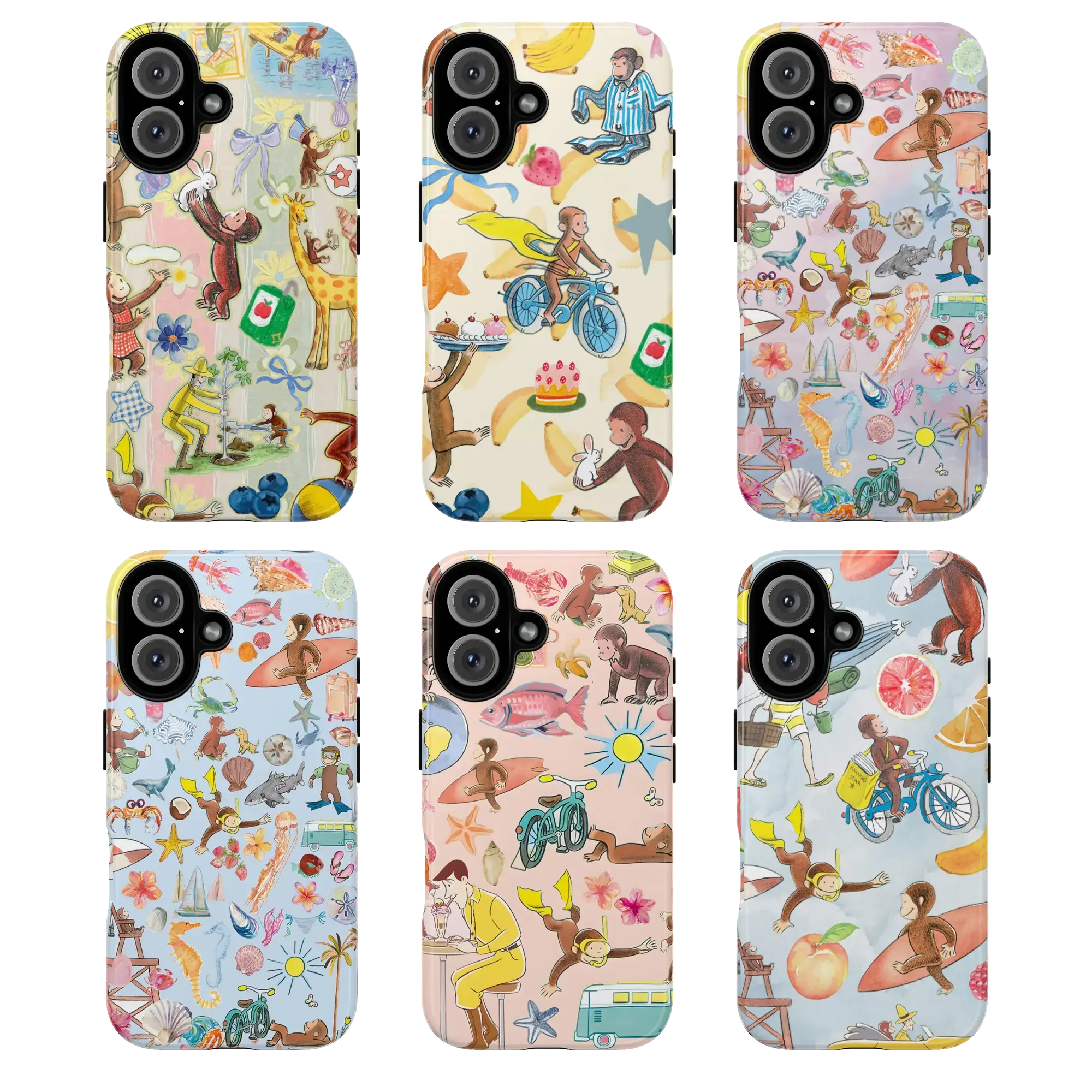 Playful beach-themed design with colorful illustrations of CCurious Georgeee phone case , sea creatures, flowers, and summer icons, gift, monkey, cover, tough phone case