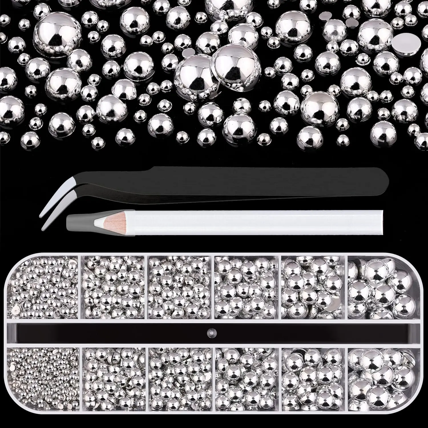 Punk Silver Metal Round Bead Nail Kit, Multi Size Steel Balls for Y2K Manicure Decor，12-Piece Silver Color Metal Bead Nail Art Kit, Multi-Size Solid Round Beads, Tweezer Drill Pen, DIY Nail Art Phone Case Accessories。 Jelly Rhinestones /Bedazzling Kit！