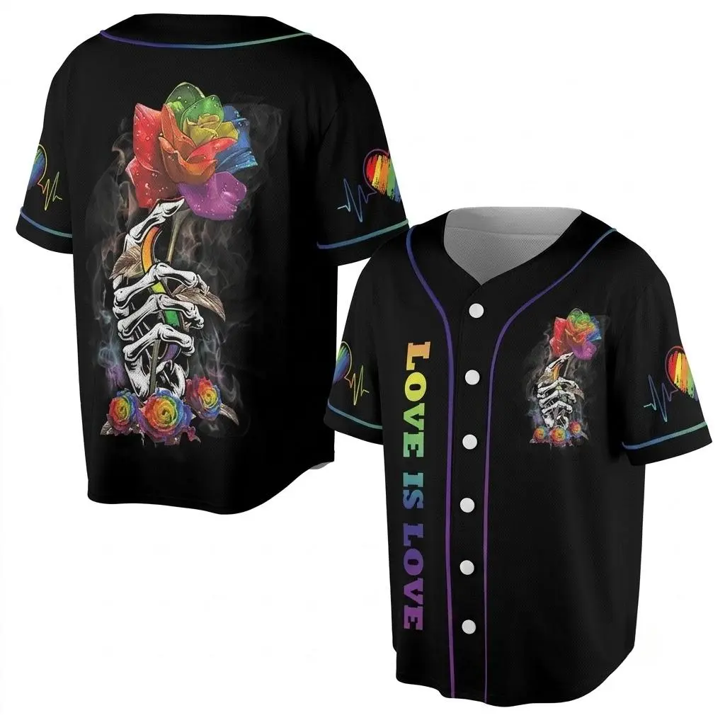 LGBT Love Is Love Skeleton Hand holding Rainbow Rose 3D Baseball Jersey, Pride Month Equality Gifts