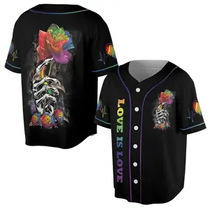 LGBT Love Is Love Skeleton Hand holding Rainbow Rose 3D Baseball Jersey, Pride Month Equality Gifts