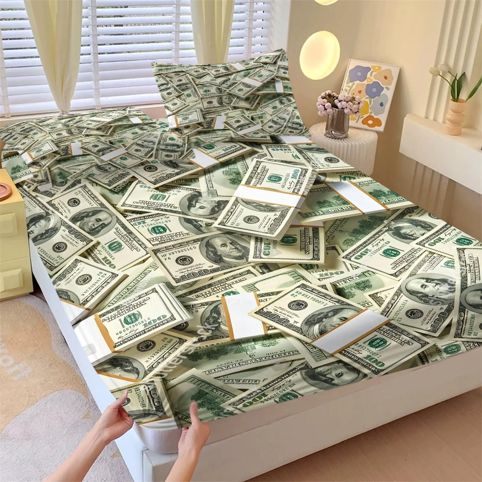 3-Piece Stacked Hundred Dollar Bill Pattern Fitted Sheet Set, Funny Wealth Money Green Cash Bedding Set, Rich Hustle Entrepreneur Bedroom Decor Soft and comfortable, Humorous Gift for Business & Money Lovers(1 Fitted Sheet + 2 pillowcase)