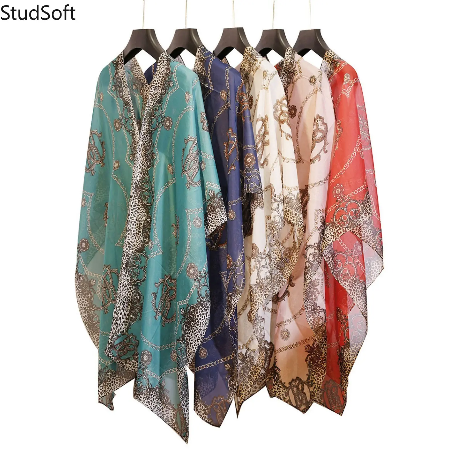 Women's Chiffon Beach Cover Up, Oversized Kaftan Kimono with Chain Leopard Print for Swimsuit Sun Protection, Beach Wear, Long
