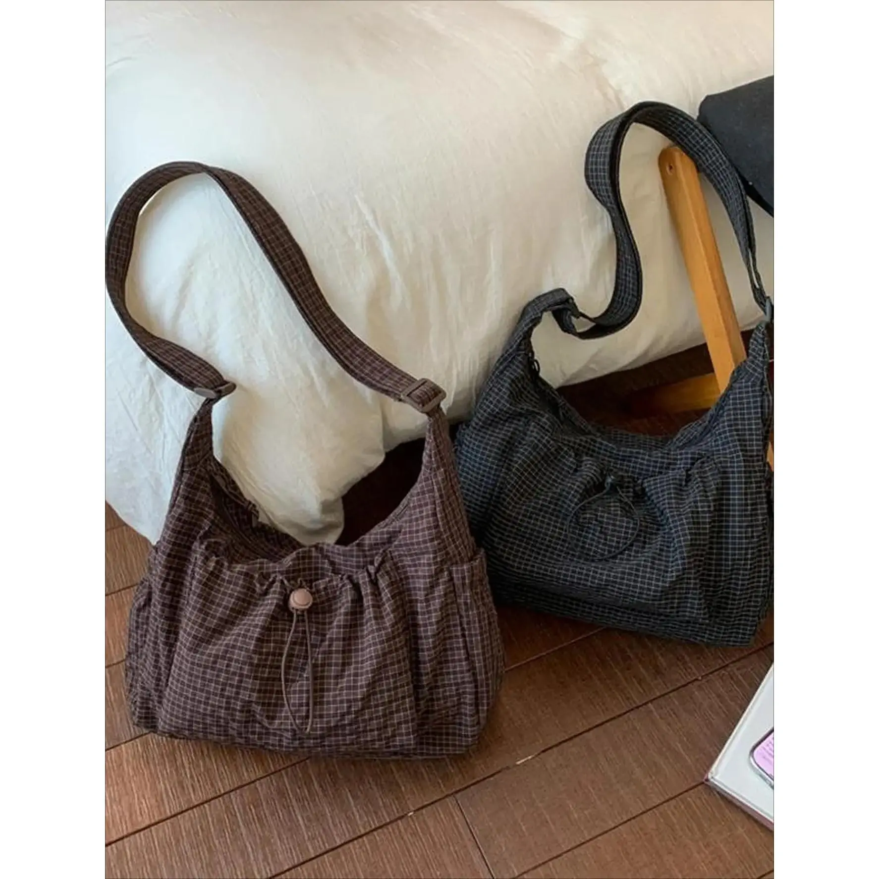 Trendy Ruched Plaid Hobo Crossbody Bag – Lightweight Crinkle Texture Shoulder Purse, Casual Plaid Commuter Handbag, Versatile Everyday Crossbody for Women