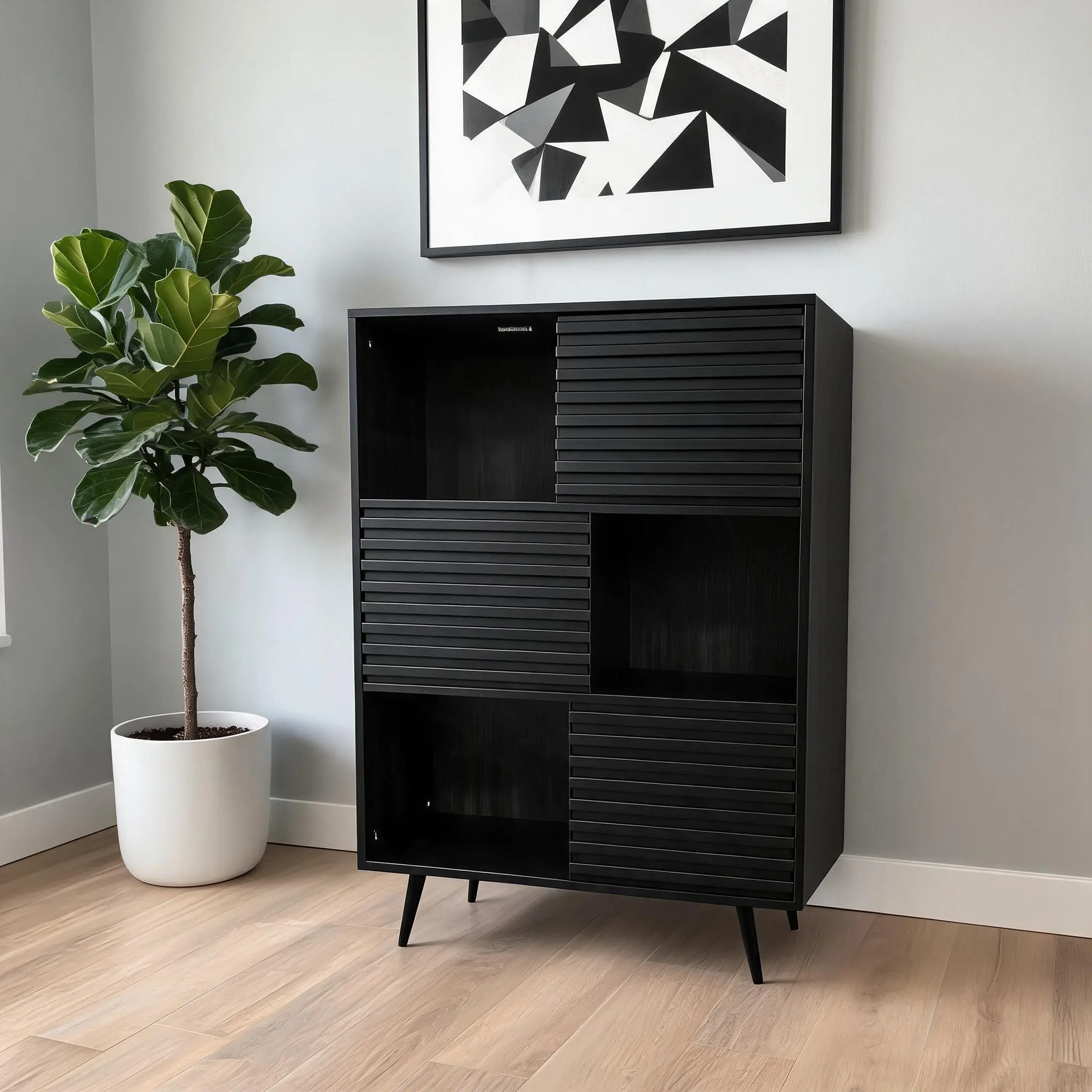 Black Mid-Century Vertical Slatted Accent Storage Cabinet, 3 Slatted Doors & 3 Open Cubby Compartments, Tall Sideboard Credenza with Tapered Wooden Legs for Living Room, Entryway & Bedroom