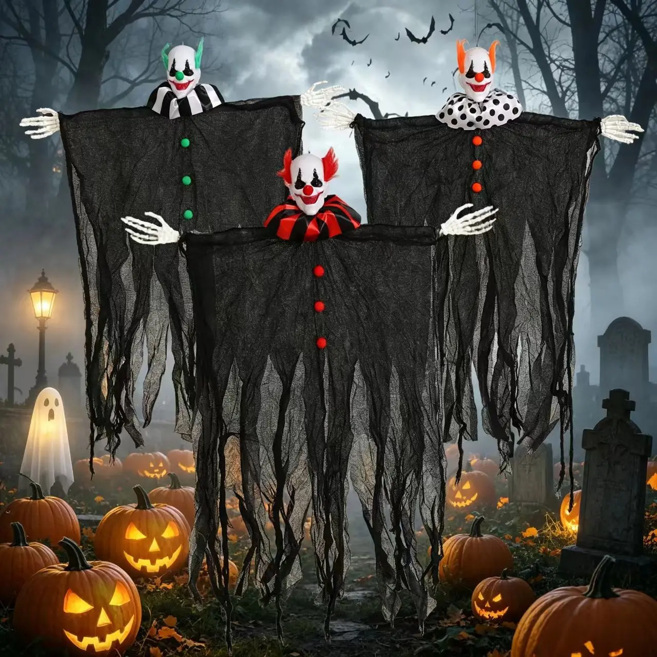 3 Halloween hanging ghosts, bloody faces, skeletons hanging ghosts, scary tricks, scary decorations, haunted house party ornaments and decorative props.