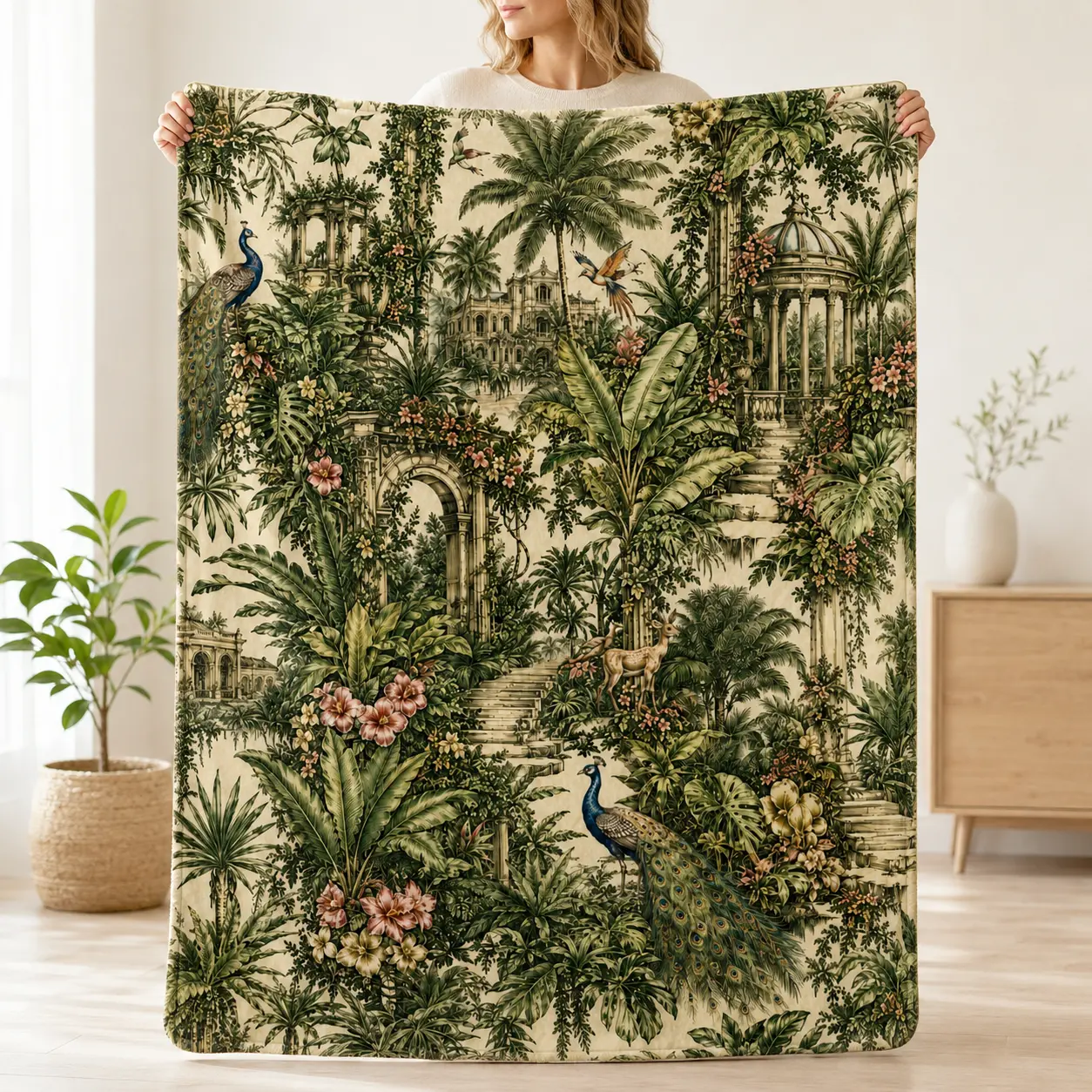 Cream Green Tropical Botanical Flannel Fleece Blanket for Adults, Peacock Garden Artwork with Palms, Flowers & Classical Architecture, Soft Lightweight Feel for Sofa Lounging, Bedroom Decor, Reading, Movie Nights, Afternoon Naps, Travel & Gift Giving