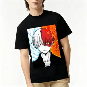 Men/Women's My Hero Academia Shoto Todoroki Graphic T-Shirt, 100% Cotton Breathable Regular Fit Black Tee, Half Ice Half Fire Anime Print Streetwear, Comfortable Short Sleeve Manga Casual Top, Bold Split Color Design Otaku Daily Wear Shirt