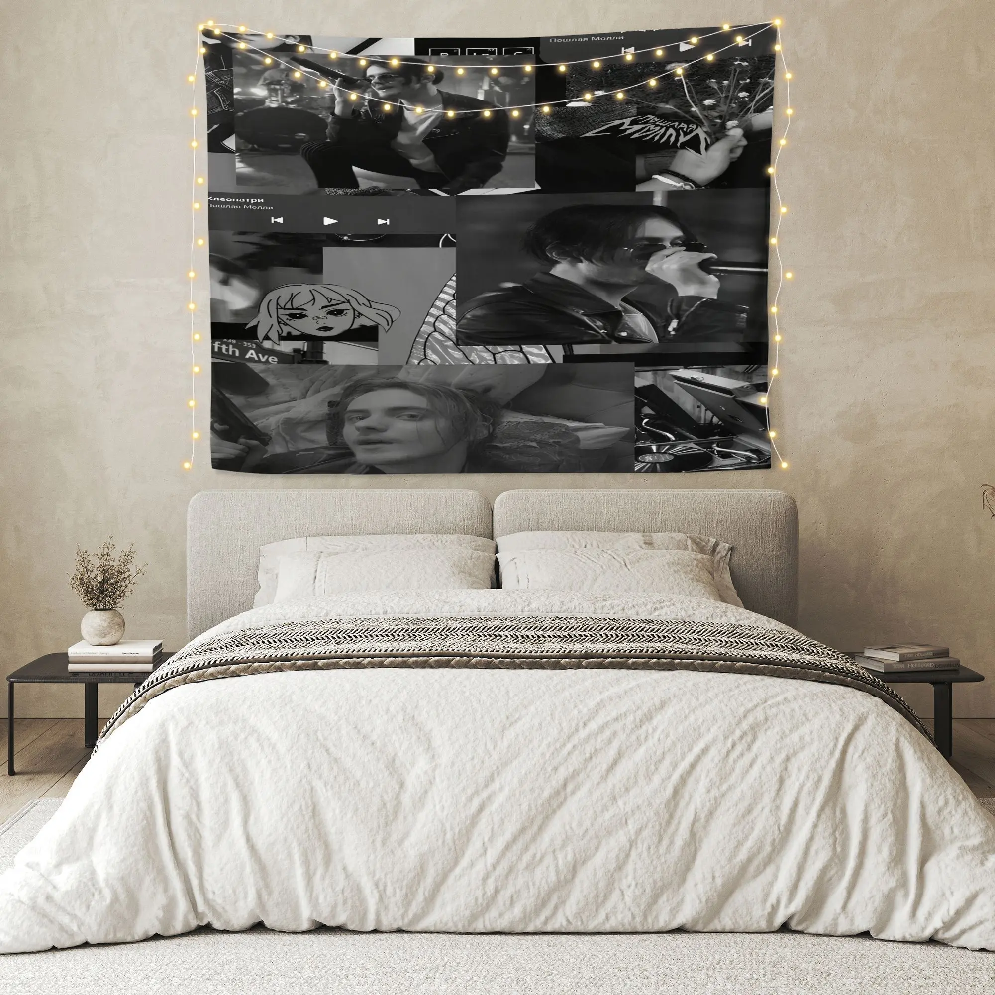 2D Flat, 2D Flat 1pc Poshlaya Molly Tapestry - Vibrant Black & White Music-Themed Wall Hanging with String Lights, Perfect for Living Room, Bedroom, Yungblud Tapestry Are You Ready Boy,  Tapestry Music, Wall Tapestry, Yungblud Merchandise