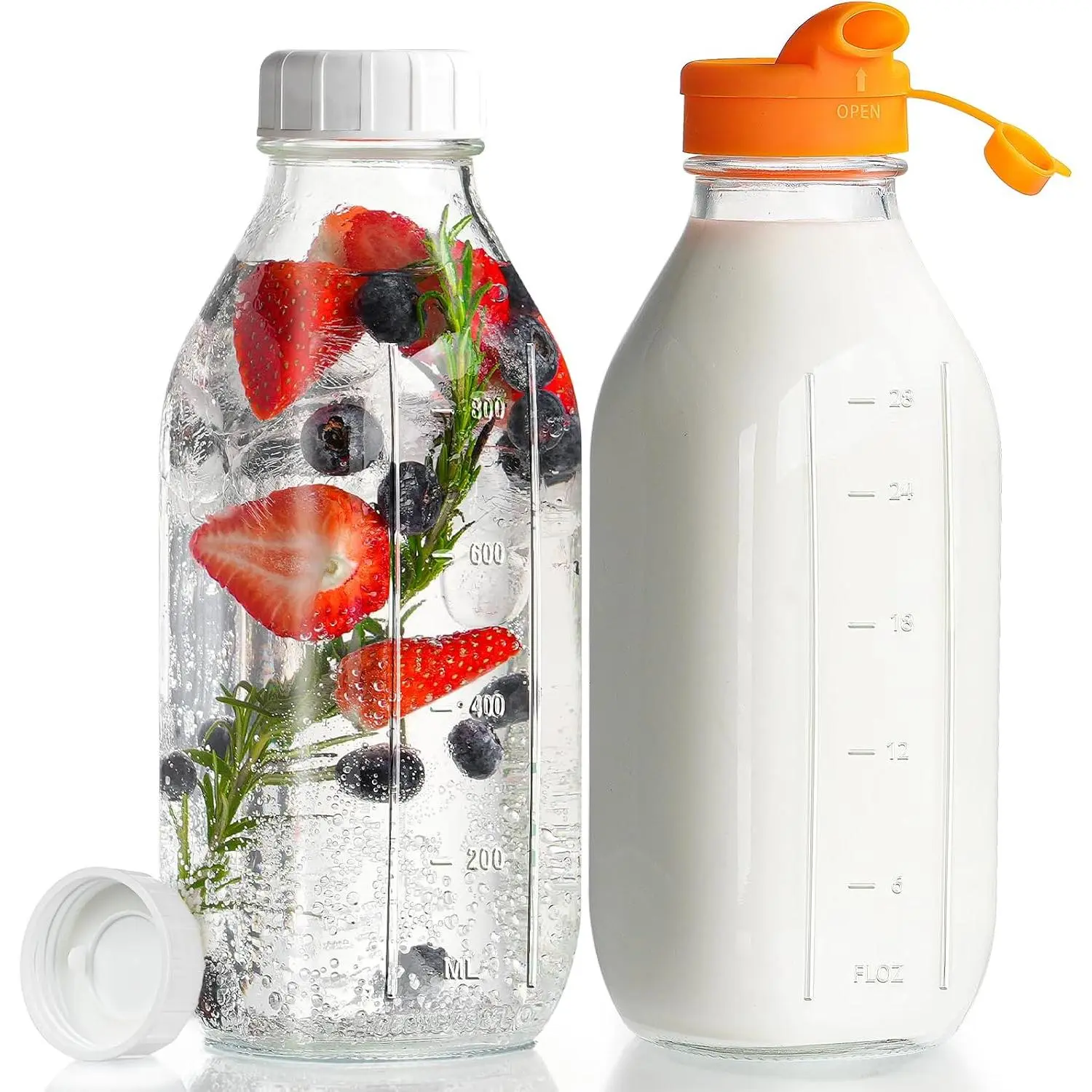 32 oz Glass Milk Bottles with Lid &  Dispenser Cap, 2 Pack | Airtight Screw Lid, Leak-proof Design, Scale Markings for Breastmilk Storage,  Glass, , Fridge-safe