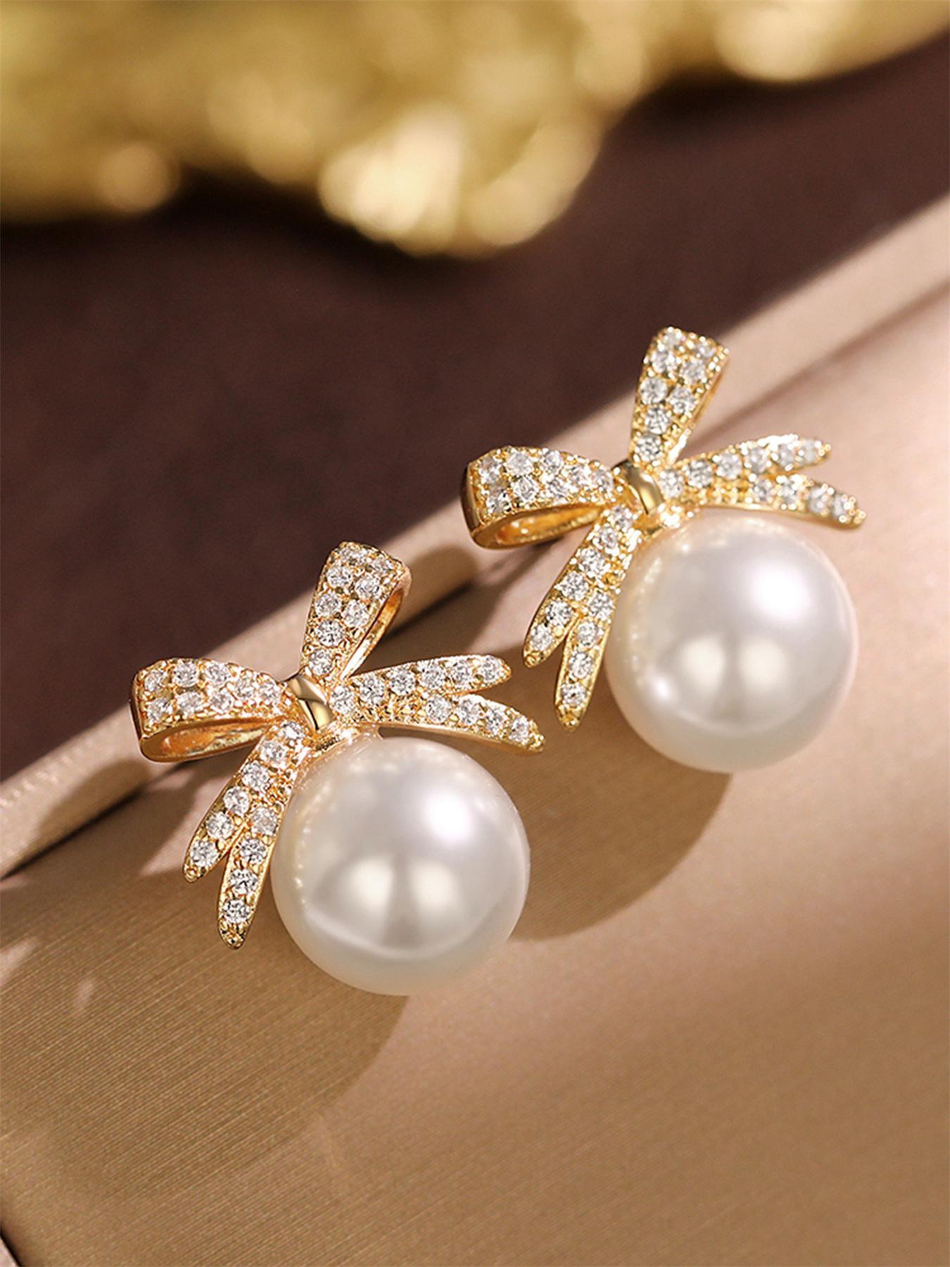 Summer Faux Pearl & Rhinestone Decor Bow Design Dangle High Quality Earrings, Elegant Jewelry for Women for Party, Daily Clothing Decor, Trendy Jewelry As Gift