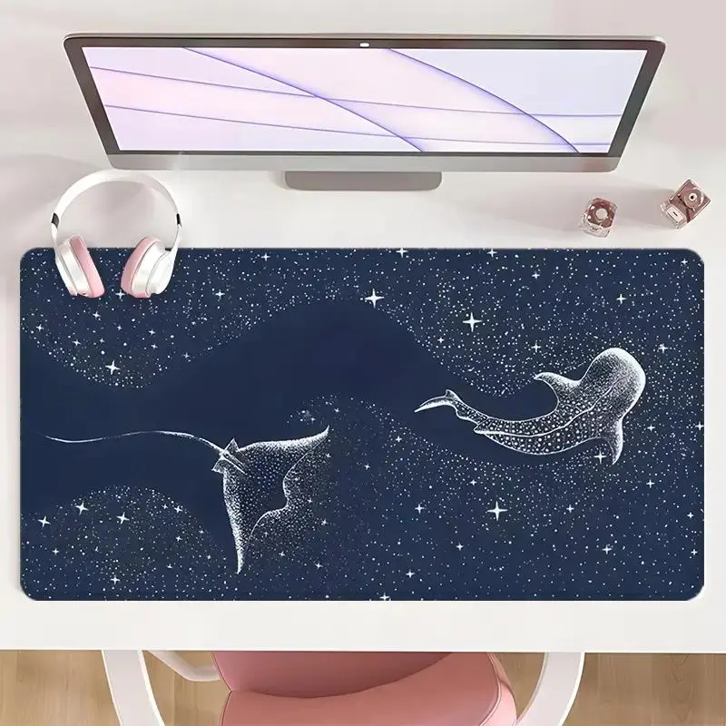 [Mouse Desk Pad] Non-Slip Mouse Pad Large Gaming Mouse Pad Gaming Desk Accessory With Rubber Base & Stitched Edge Cosmic Stingray & Whale Shark Design Desk Top Protector Mat For Home Office Use And Holiday Gifts