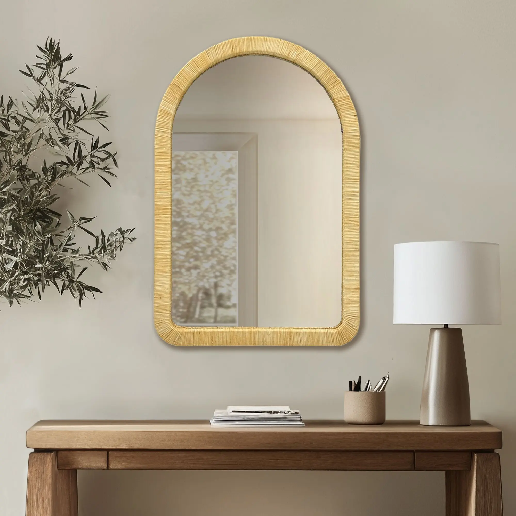 ARCH Natural Rattan Arched Wall Mirror 39x26 Inch Boho Woven Hanging Mirror for Living Room Bedroom Entryway Hallway Decor, Farmhouse Rustic Wood Frame, Large Decorative Wall Mounted Mirror, 1 Pack, Home Furniture and Household Product Search Terms