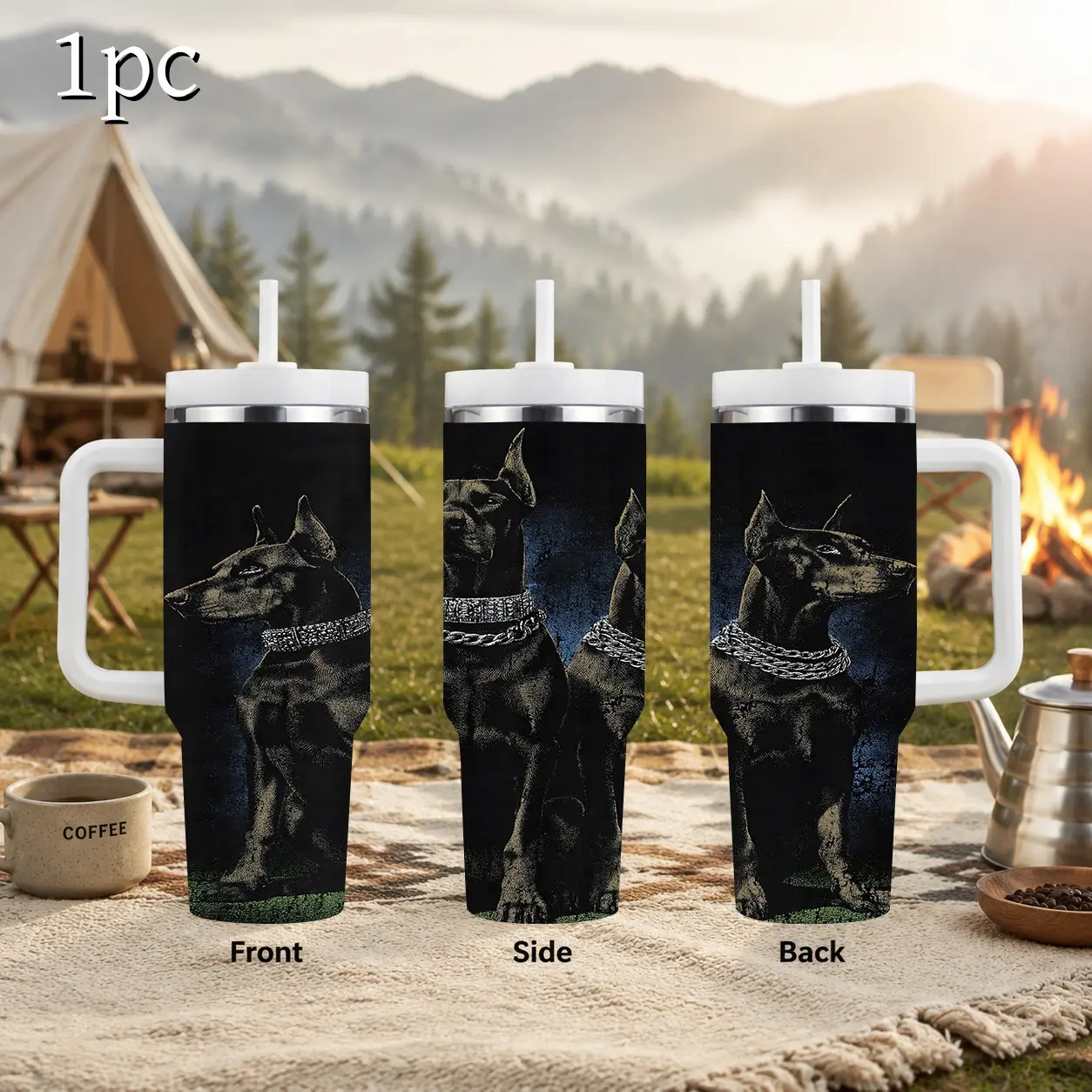 1pc 30/40oz Large Tumbler With Big Handle And Straw, Vintage Black Doberman Pinscher Dog Chain Collar Print Stainless Steel Travel Mug, Double Wall Vacuum Insulated Leakproof Water Cup, Outdoor Camping Hiking Sports Gift For Doberman Dog Lovers Men Women