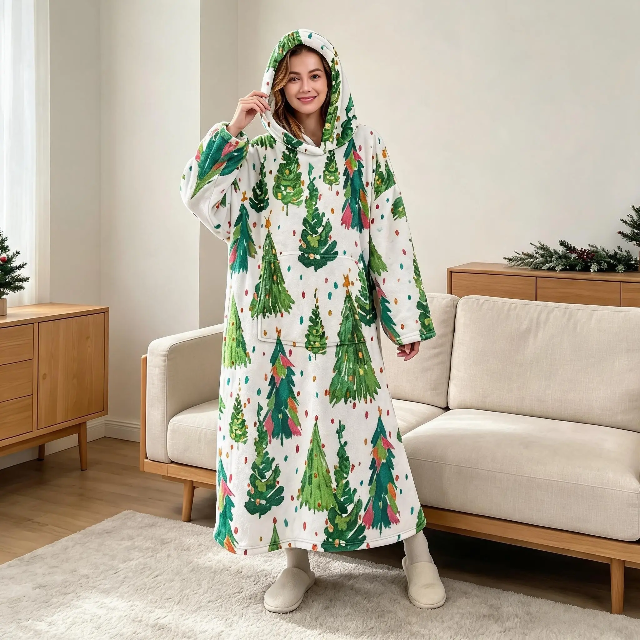 Unisex Flannel Long Sleep Robe, Hand-Drawn Watercolor Christmas Tree Print, Thickened Cozy Home Bathrobe, Casual Holiday Pajamas