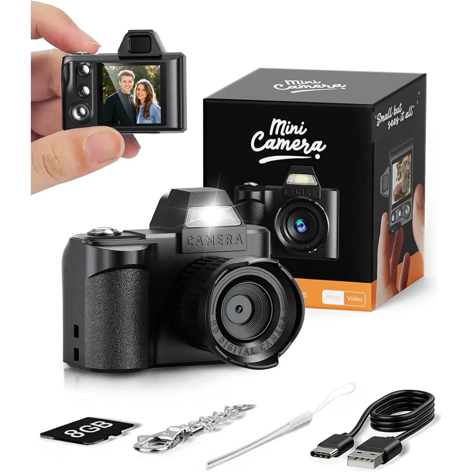 Mini Digital Camera, 1080P Portable Camera for Photography with 8GB SD Card, Key Card Clip Chain for Teenagers, Adult Beginners