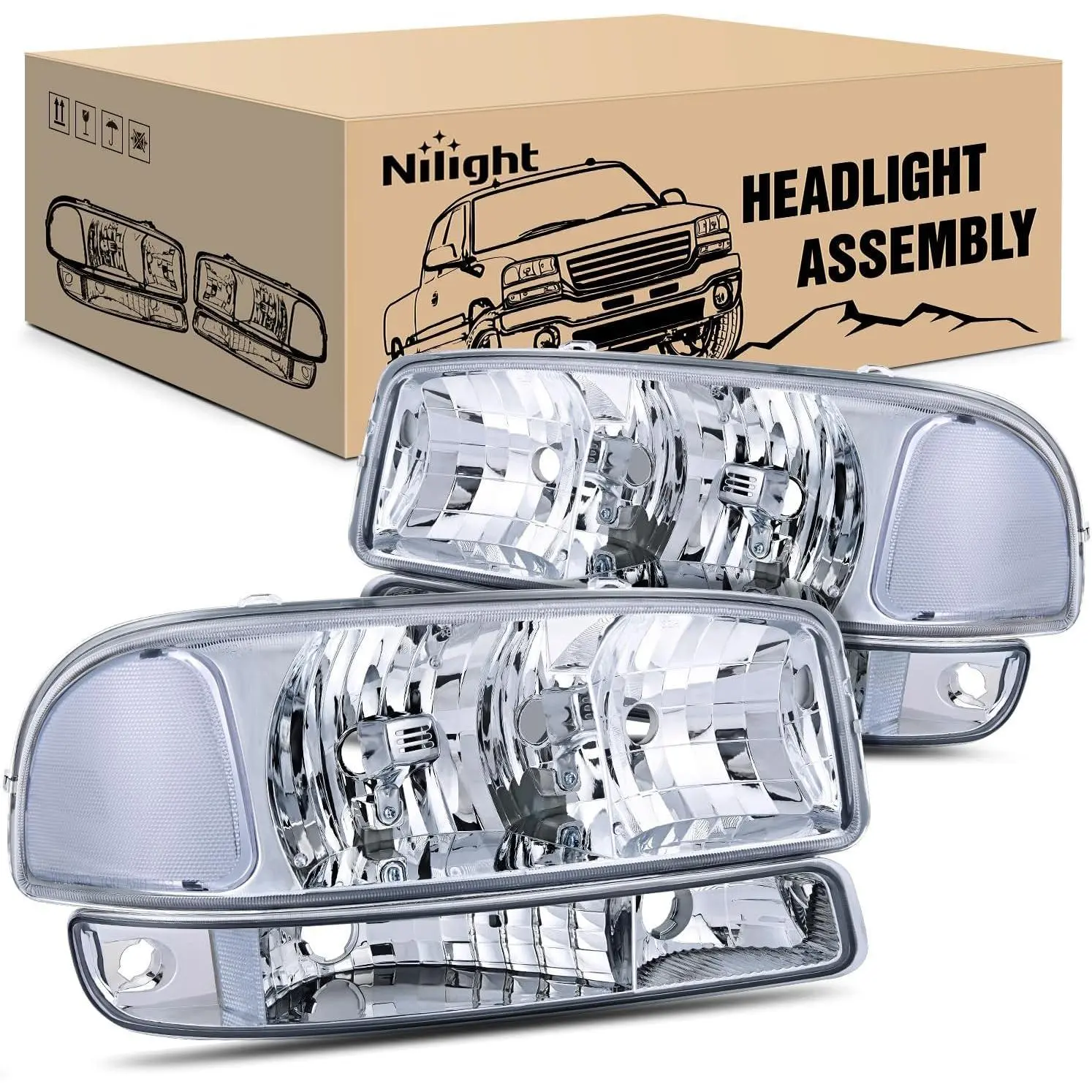 Nilight Headlight Assembly Compatible for 1999 2000 2001 2002 2003 2004 2005 2006 GMC Sierra Yukon, Chrome Housing Clear Corner Clear Lens, Headlights Assembly Replacement