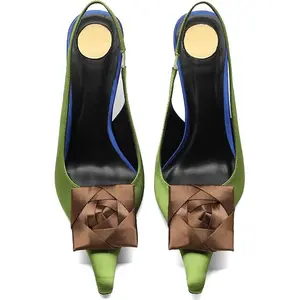 Women's Square Rose Flower Slingback Pumps - Closed Pointed Toe High Heels with Elastic Strap 4.3" Stilettos Heeled Sandals for Party Evening Wedding Dress Shoes