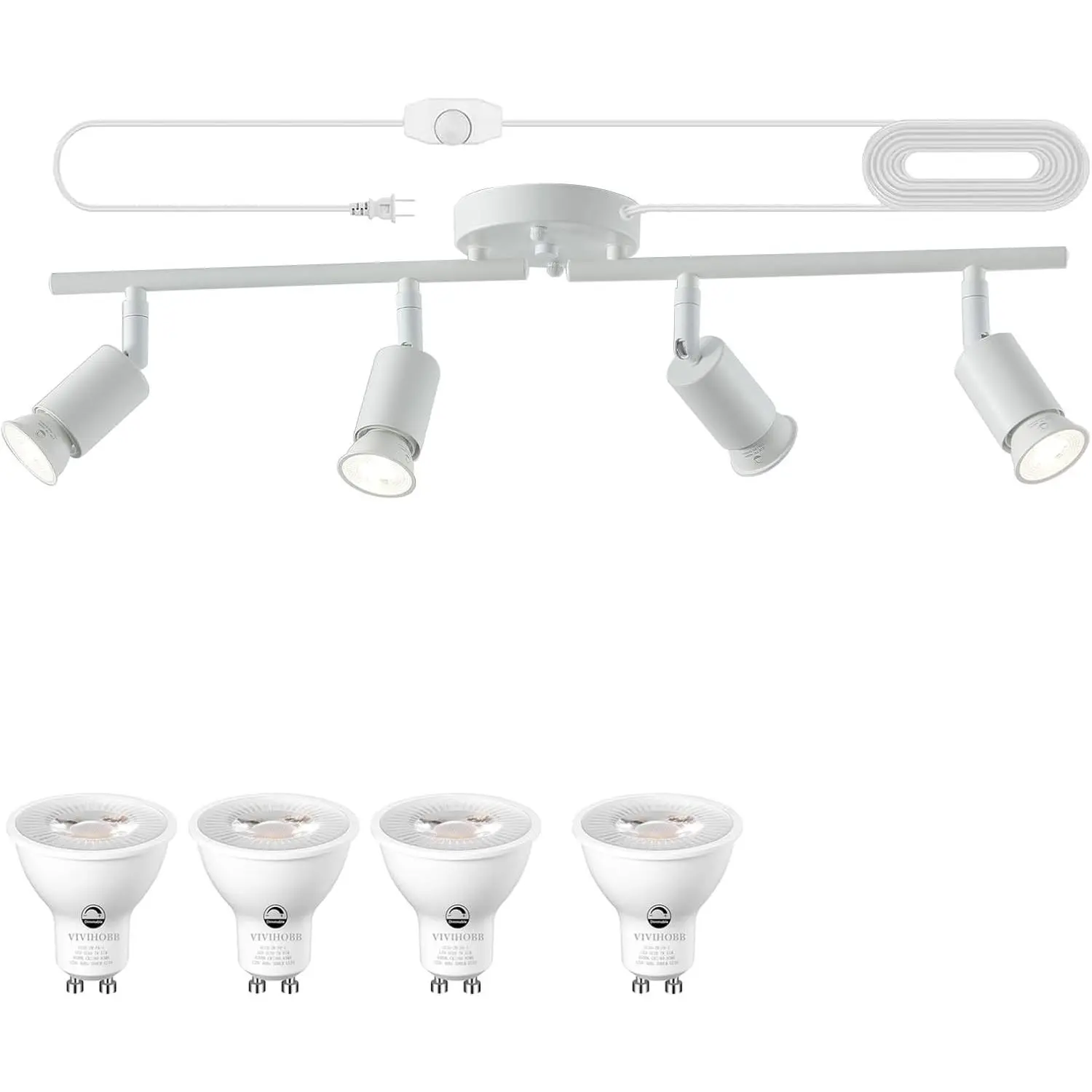 Dimmable 4-Light Plug-in Track Lighting Fixture with 16.4 ft Cord, Dimming Switch, Rotatable Ceiling Spotlights, LED Bulbs Included