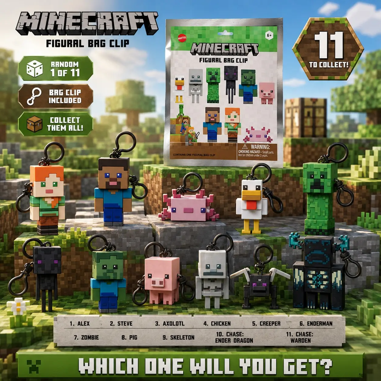 Minecraft Officially Licensed Blind Bag Keychain, 3D Foam Pixel Figure, Mystery Bag Clip, Teen Gamer Gift, School Supplies, Collectible