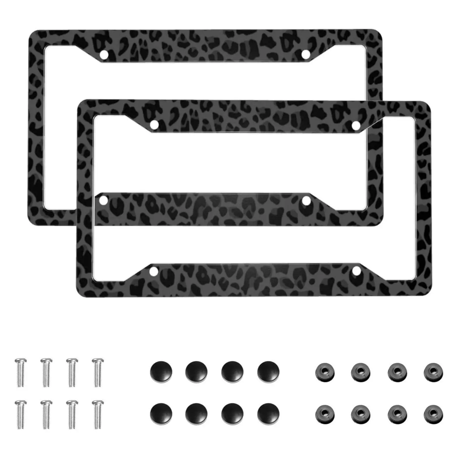 2 Pack Black Leopard Print Cheetah Aluminum License Plate Frames, Rust-Proof Car Tag Holder with Screws Fasteners Caps, Fits Standard US Vehicles 12.3 x 6.3 inGift