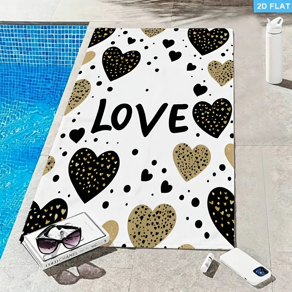 1pc Luxury Black & Golden LOVE Print Beach Towel - Bold Heart Design with LOVE Text, Soft Suitable for, Spa, - Romantic Gift for,, for Anniversaries, Birthdays, Poolside Relaxation - Elegant Accessory