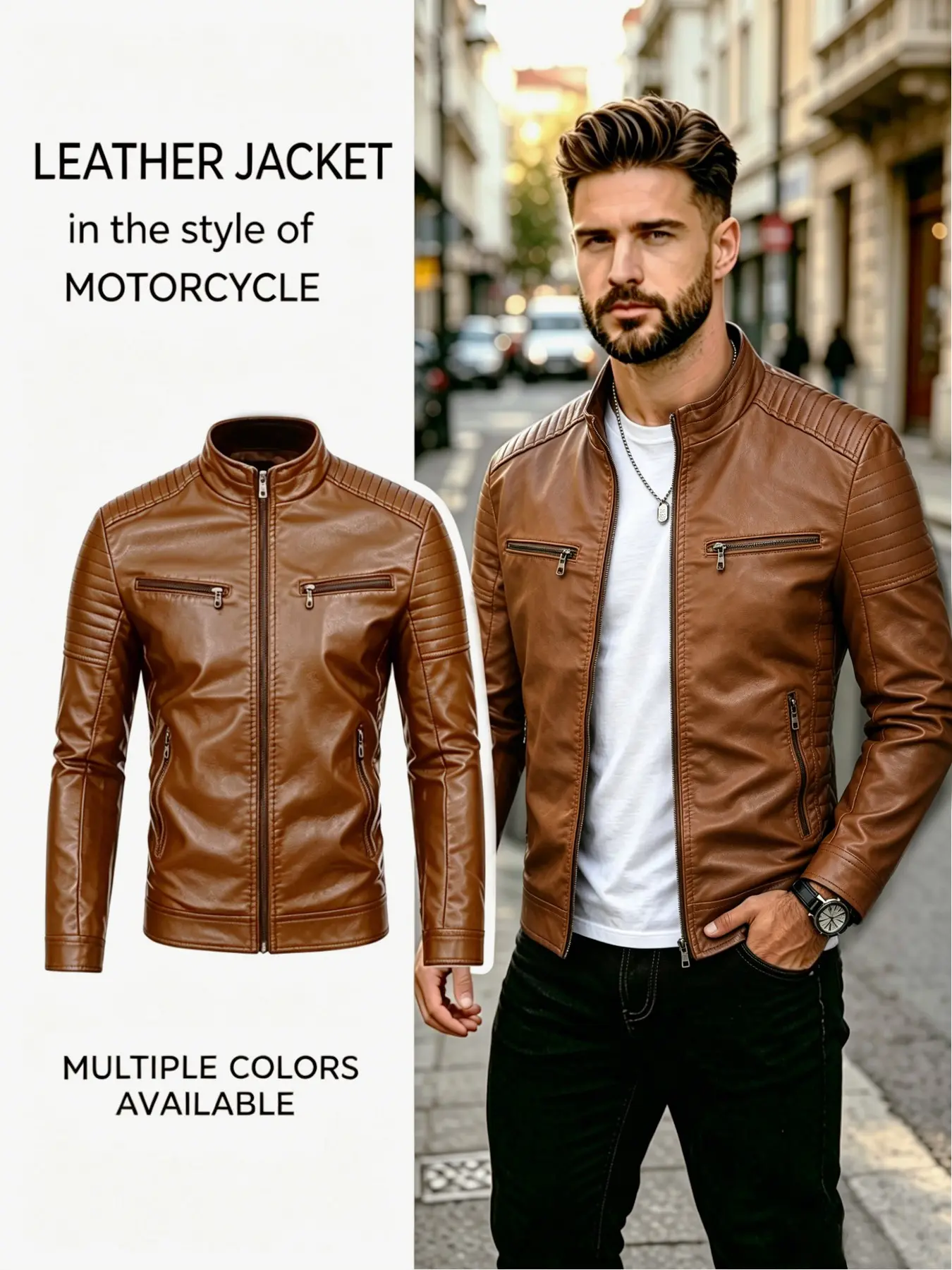 Men's Autumn Winter Stand Collar Casual Leather Jacket, Outdoor Motorcycle Riding Trendy Zipper Pocket Coat, Youth Solid Color Men's Outerwear