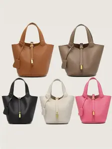 2026 New Soft PU Leather Bucket Bag, Lychee Texture Tote, Detachable Strap, Snap Closure, Elegant Minimalist Handbag, Perfect for Daily Use, Gift Idea