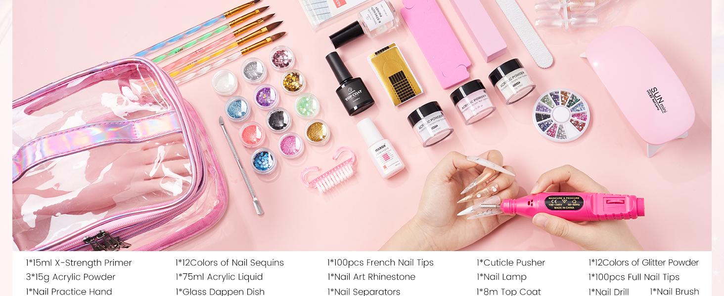 Nail Kit for Beginners with Everything: Professional Nail Acrylic Powder Liquid Set with Practice Hand Drill U V Light in Cosmetic Bag for Women Salon Home (Pink)