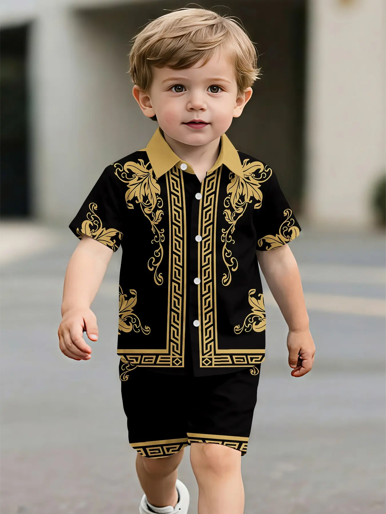 Boys' Creative Casual Shirt and Shorts Set, Gold Ethnic Print Design, Perfect for Home and Office, Summer Wear, No Inner T-Shirt Included
