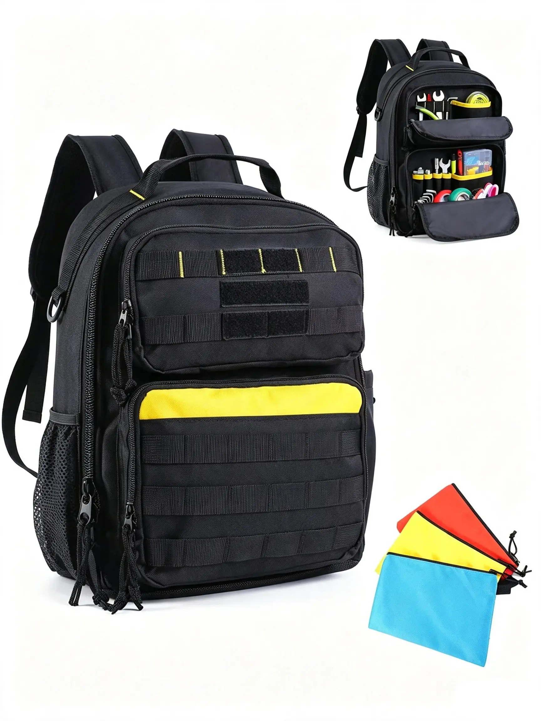 Construction Multifunctional Backpack, 3 Tool Pouches, Tactical Work Gear for Electricians, Plumbers, Hvac Technicians