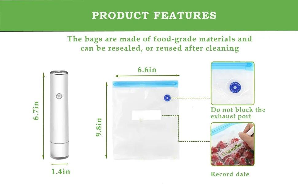 THE WELL KEPT Vacuum Sealer for Food Preservation and Storage,Mini Sealer with 5 Reusable Vacuum Bags,Portable & Rechargeable, Easy to Operate with One Hand
