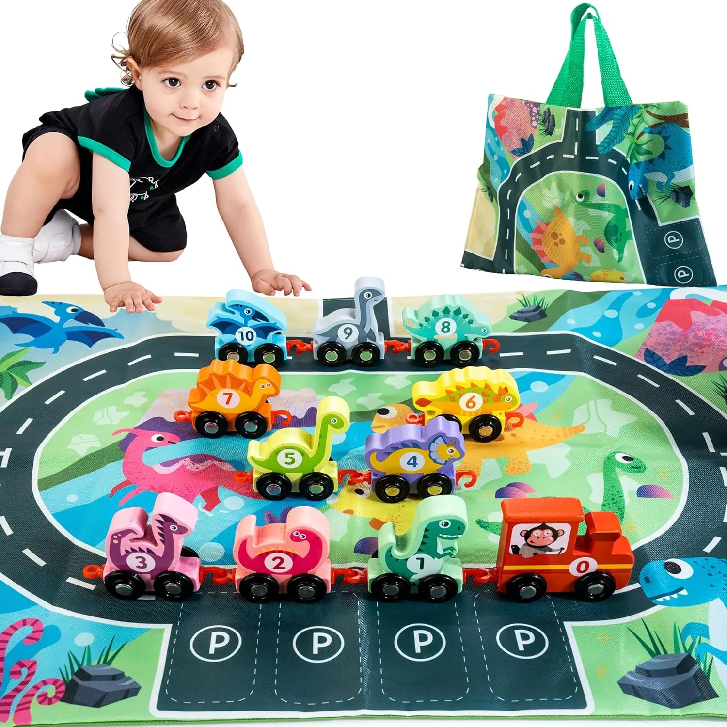 Solid Wood Bright BPA-Free Dinosaur Train Set with Playmat, Storage Bag, Hook-and-Go Feature - Montessori Educational Toy for 2-4 Years Old Toddlers, Creative Developmental Birthday Gift for Boys & Girls