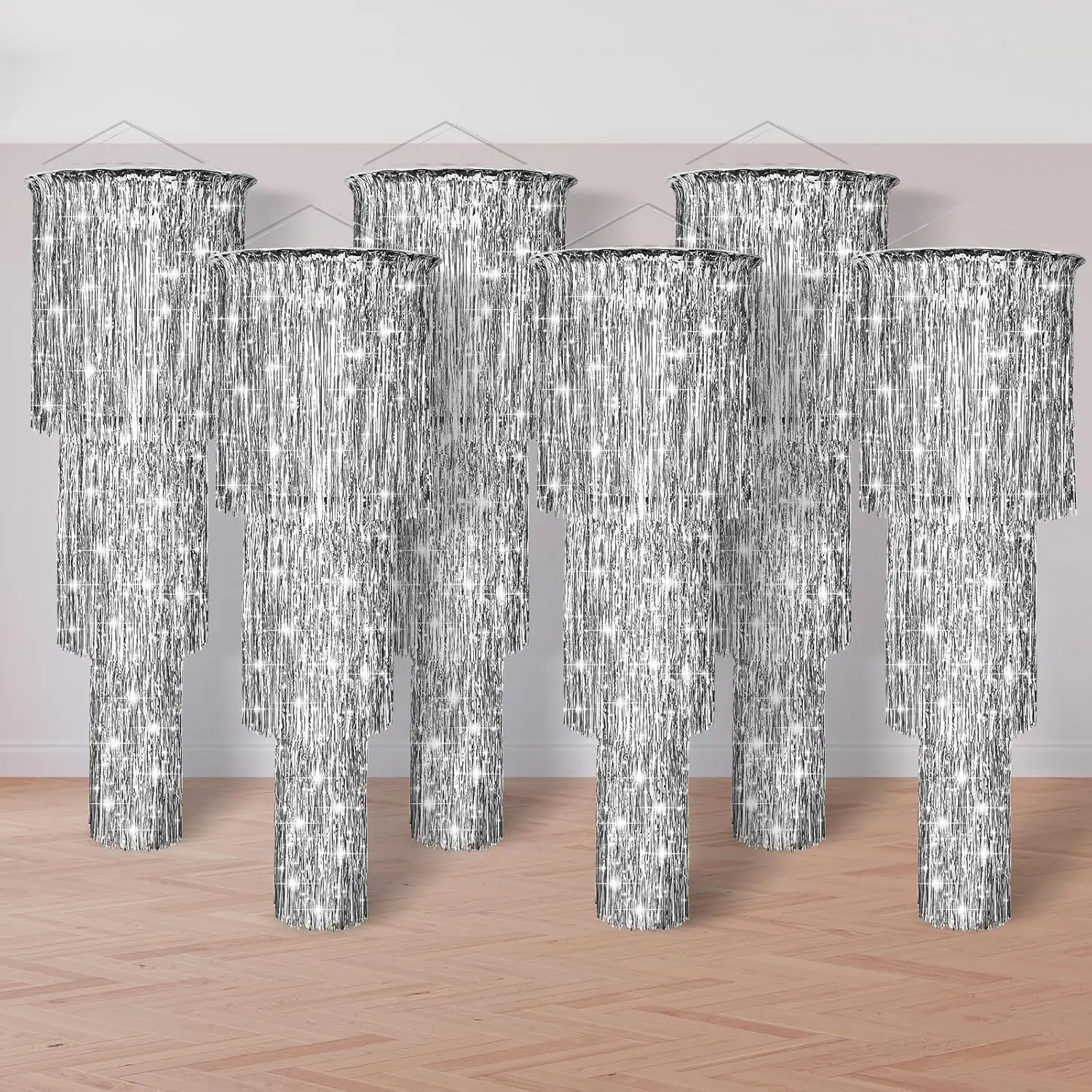 6 Pcs 3 Tier Metallic Tinsel Chandelier Shimmering Fringe Chandelier Decor Hanging Decoration Photo Booth Backdrop for Birthday Anniversary Wedding Party Supplies, 4 Ft(Silver)