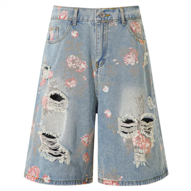 Men's Allover Floral Print Frayed Big Ripped Denim Five-Inch Shorts, Full Vintage Floral Pattern Coverage, Multi-layer Tassel Tattered Hole Design, Soft Washed Denim Fabric, Niche Trendy Casual Mid Shorts#SummerWins#fathersdaygift