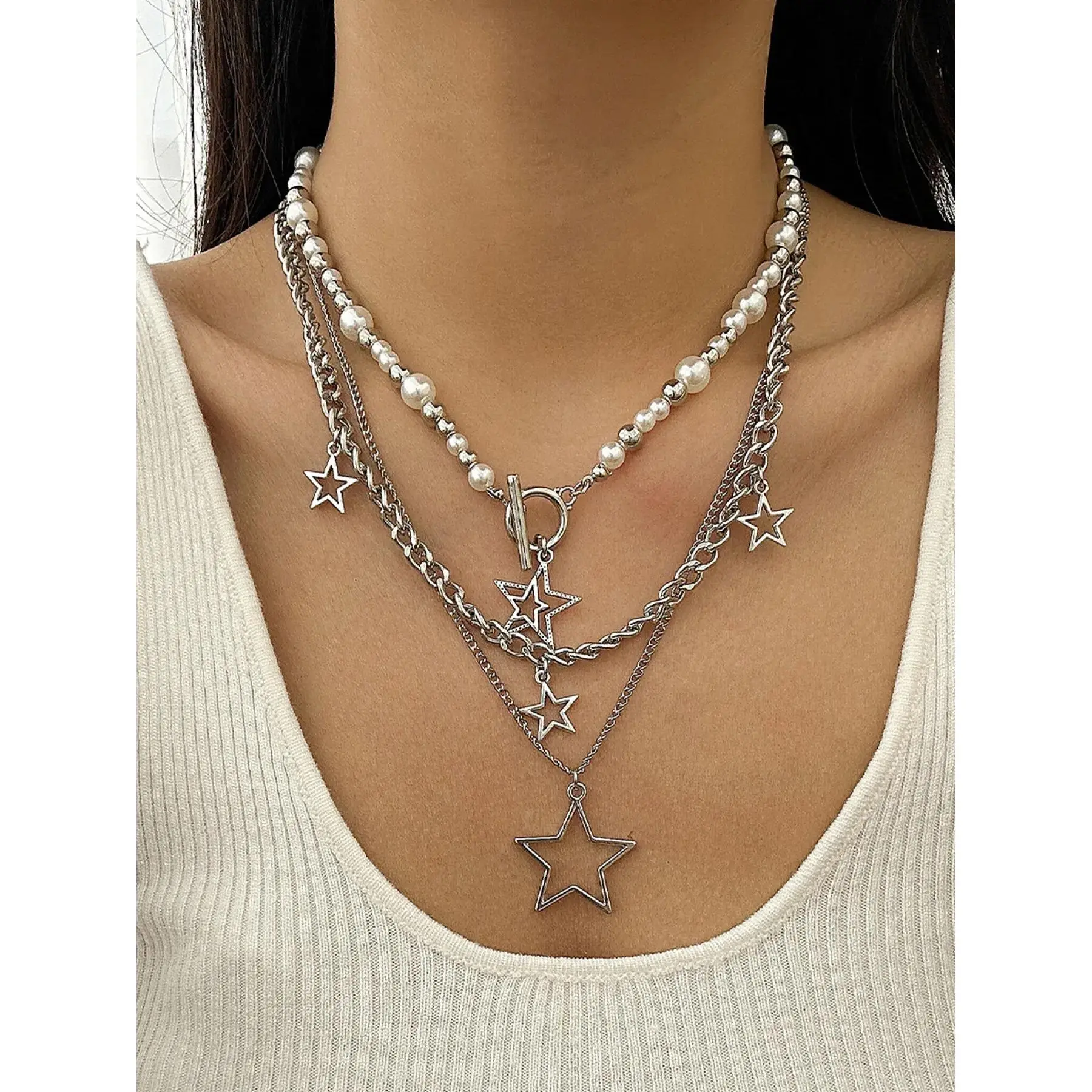 Silver Y2K Necklace Star Stackable Necklaces Chain y2k Accessories Jewelry Dainty Stacked Pearl Necklace Set Cross Necklaces for Women Party Club Music Festival Accessories