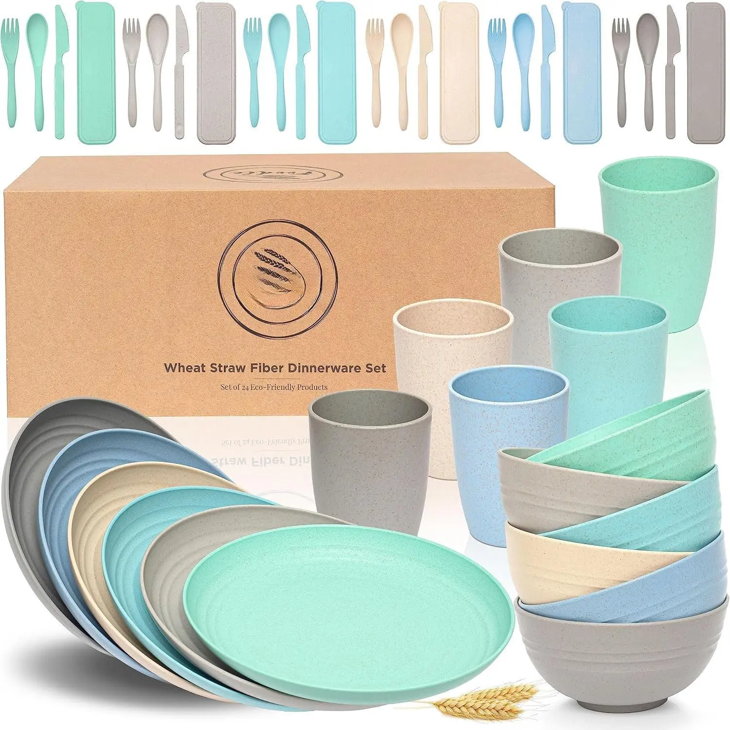 Wheat Straw Dinnerware Set - RV, Camping Plates Cups and Bowls Set |  & Safety Tested - Microwave & Dishwasher Safe - Lightweight & Unbreakable Dishes -  for  & Adults - For 6