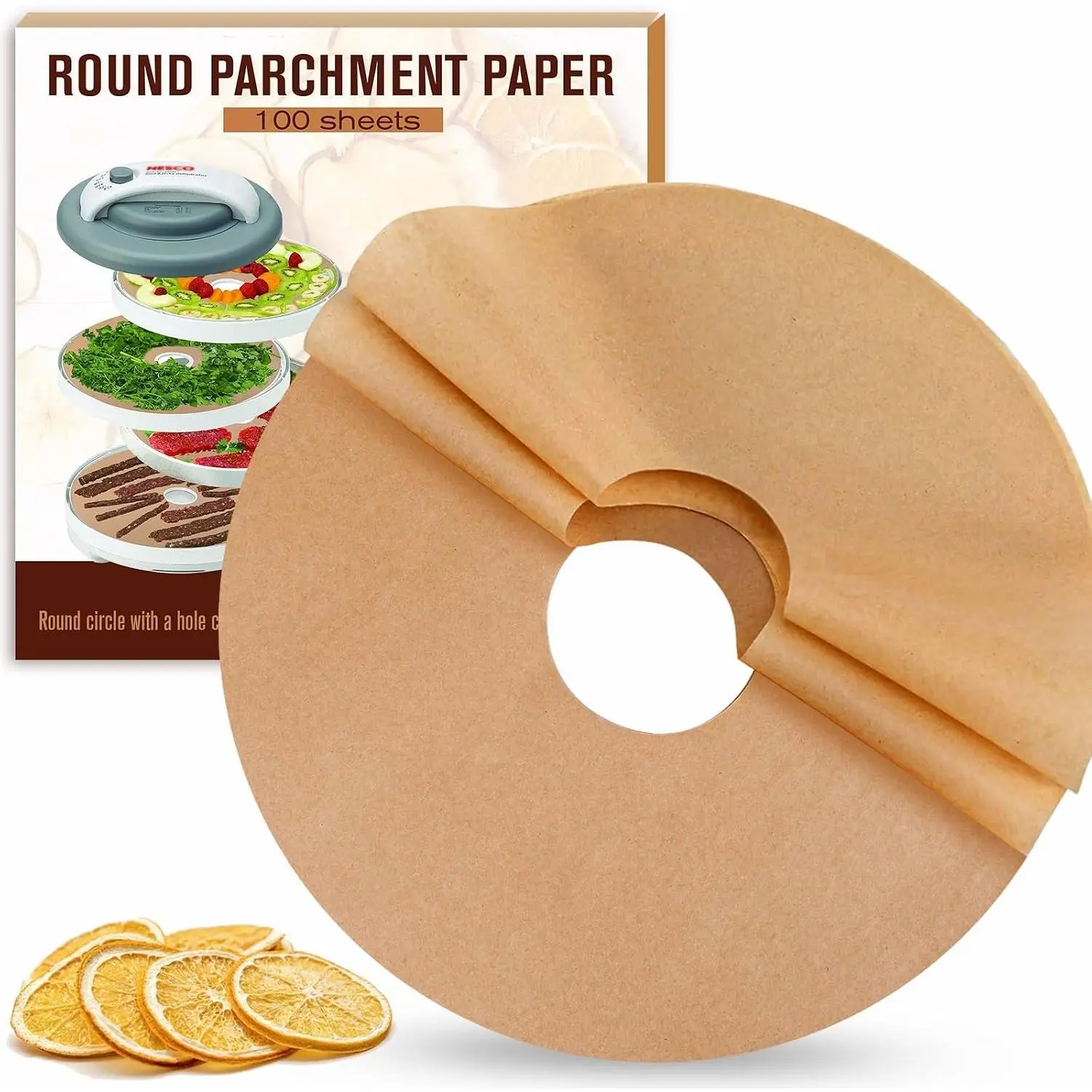 100pcs Round Parchment Paper Dehydrator Sheets with Hole - Bakeware, Disposable Tray Liners Compatible with Nesco Dehydrators for Dehydrating Chips, Fruit