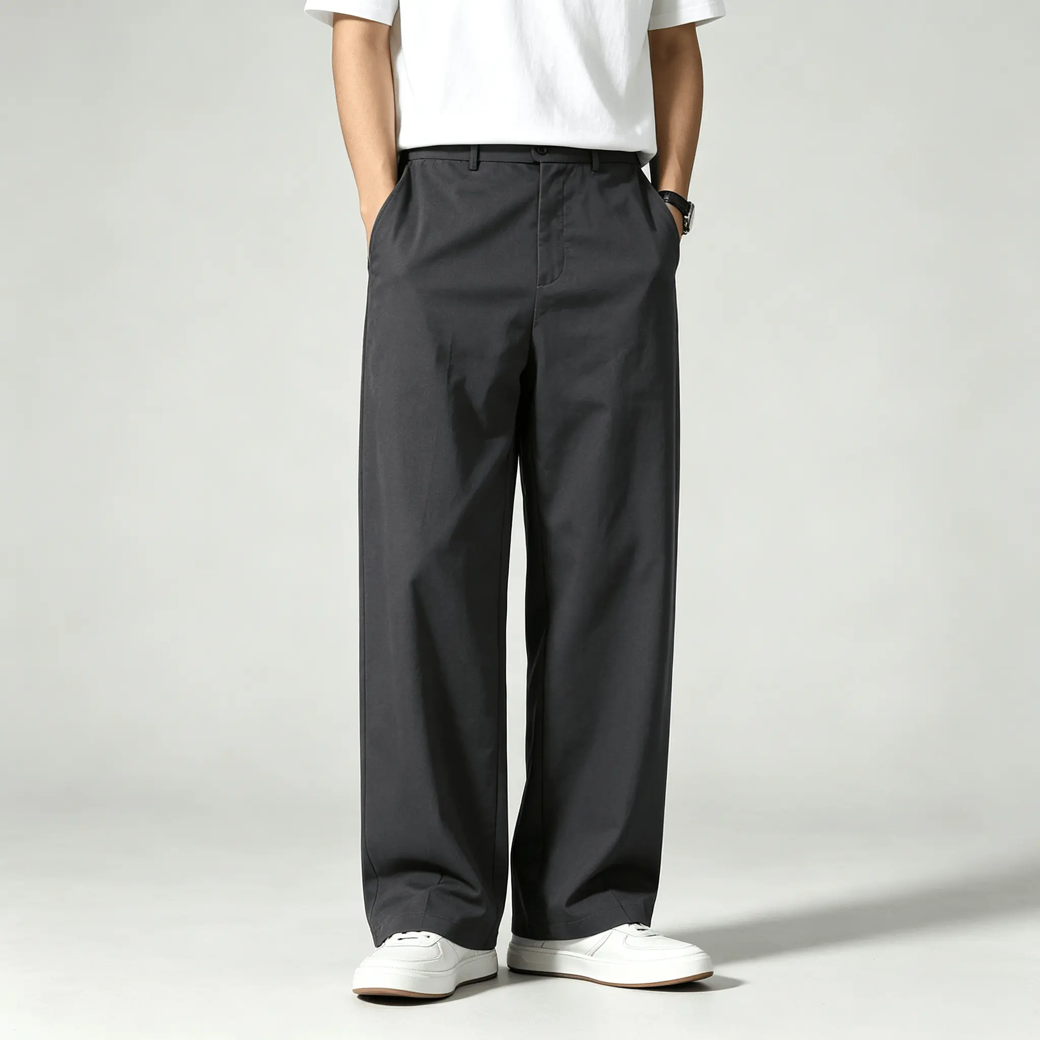 Men's High-Waist Wide Leg Chino Pants - Relaxed-Fit, Wrinkle-Resistant Woven Fabric for Casual, Office Wear